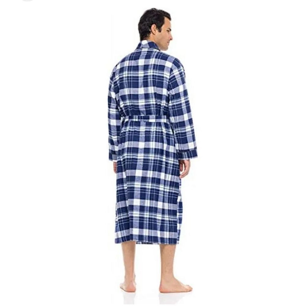 American Heaven Mens Cotton Flannel Shawl Collar Robe S-M  Plaid Blue White